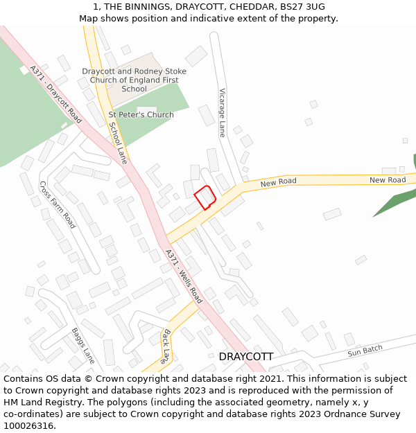 1, THE BINNINGS, DRAYCOTT, CHEDDAR, BS27 3UG: Location map and indicative extent of plot