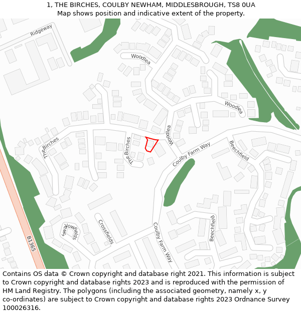 1, THE BIRCHES, COULBY NEWHAM, MIDDLESBROUGH, TS8 0UA: Location map and indicative extent of plot