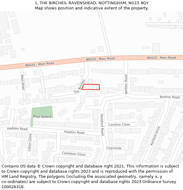 1, THE BIRCHES, RAVENSHEAD, NOTTINGHAM, NG15 9GY: Location map and indicative extent of plot