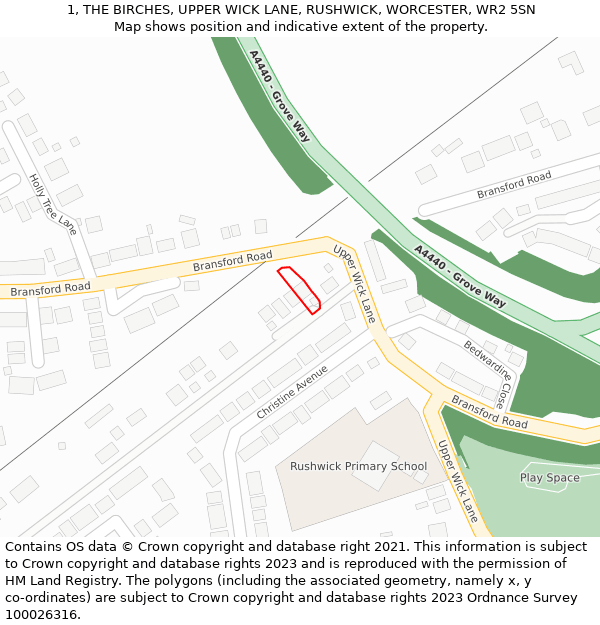 1, THE BIRCHES, UPPER WICK LANE, RUSHWICK, WORCESTER, WR2 5SN: Location map and indicative extent of plot