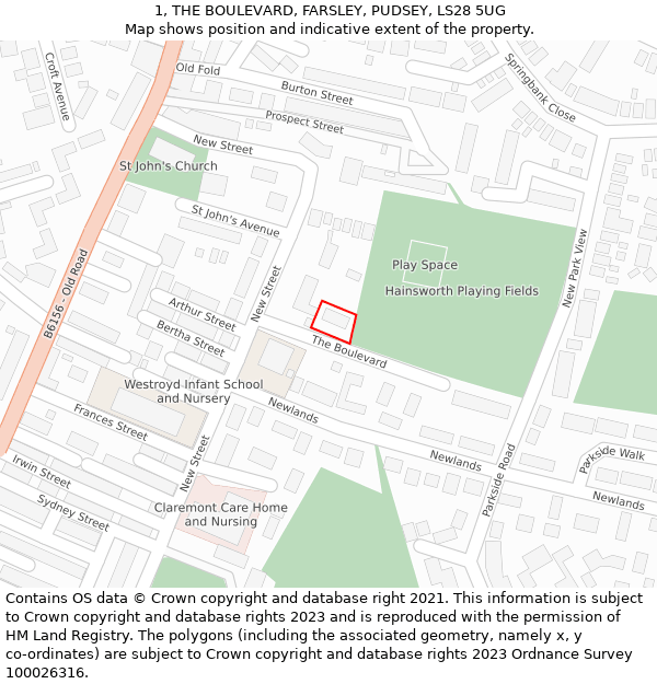 1, THE BOULEVARD, FARSLEY, PUDSEY, LS28 5UG: Location map and indicative extent of plot