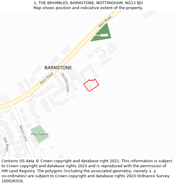 1, THE BRAMBLES, BARNSTONE, NOTTINGHAM, NG13 9JU: Location map and indicative extent of plot