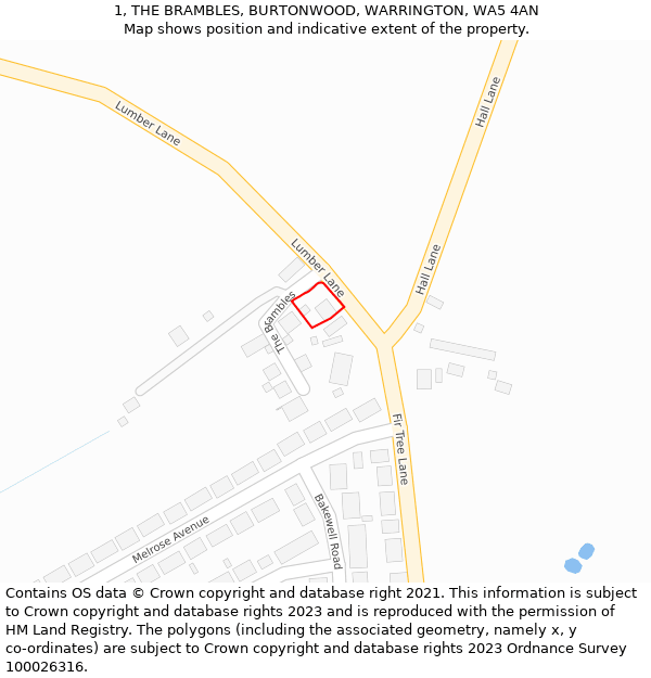 1, THE BRAMBLES, BURTONWOOD, WARRINGTON, WA5 4AN: Location map and indicative extent of plot