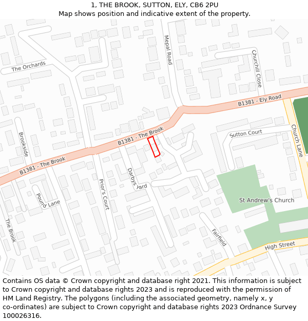 1, THE BROOK, SUTTON, ELY, CB6 2PU: Location map and indicative extent of plot