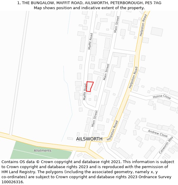 1, THE BUNGALOW, MAFFIT ROAD, AILSWORTH, PETERBOROUGH, PE5 7AG: Location map and indicative extent of plot