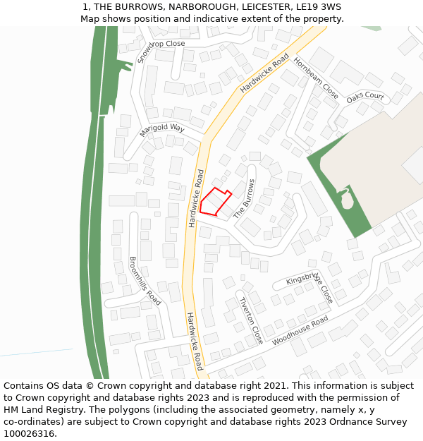1, THE BURROWS, NARBOROUGH, LEICESTER, LE19 3WS: Location map and indicative extent of plot