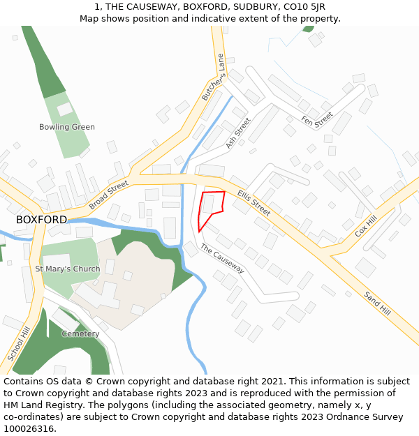 1, THE CAUSEWAY, BOXFORD, SUDBURY, CO10 5JR: Location map and indicative extent of plot