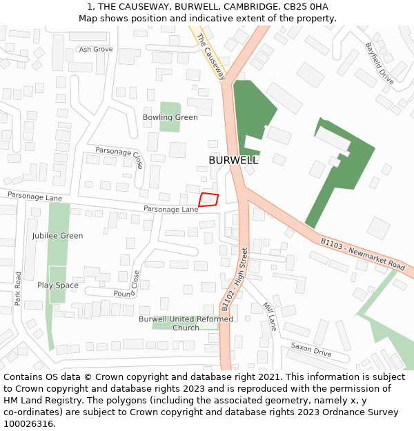 1, THE CAUSEWAY, BURWELL, CAMBRIDGE, CB25 0HA: Location map and indicative extent of plot