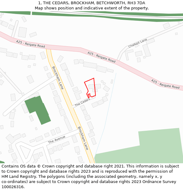 1, THE CEDARS, BROCKHAM, BETCHWORTH, RH3 7DA: Location map and indicative extent of plot