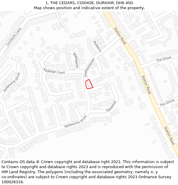 1, THE CEDARS, COXHOE, DURHAM, DH6 4SG: Location map and indicative extent of plot