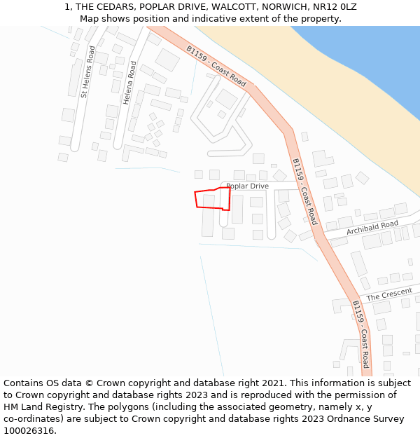 1, THE CEDARS, POPLAR DRIVE, WALCOTT, NORWICH, NR12 0LZ: Location map and indicative extent of plot