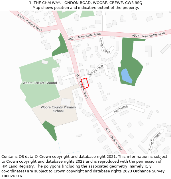 1, THE CHALWAY, LONDON ROAD, WOORE, CREWE, CW3 9SQ: Location map and indicative extent of plot