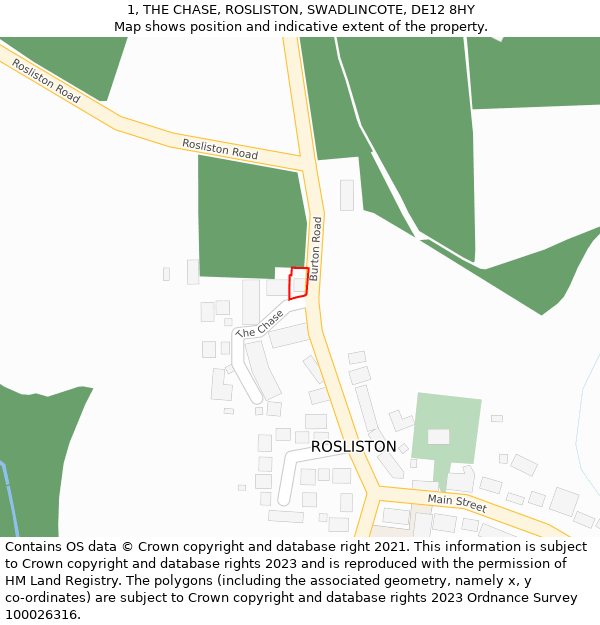 1, THE CHASE, ROSLISTON, SWADLINCOTE, DE12 8HY: Location map and indicative extent of plot
