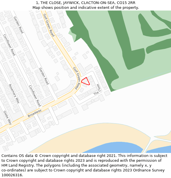 1, THE CLOSE, JAYWICK, CLACTON-ON-SEA, CO15 2RR: Location map and indicative extent of plot