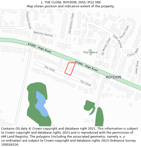 1, THE CLOSE, ROYDON, DISS, IP22 5RE: Location map and indicative extent of plot