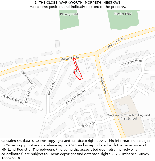 1, THE CLOSE, WARKWORTH, MORPETH, NE65 0WS: Location map and indicative extent of plot