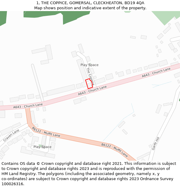 1, THE COPPICE, GOMERSAL, CLECKHEATON, BD19 4QA: Location map and indicative extent of plot