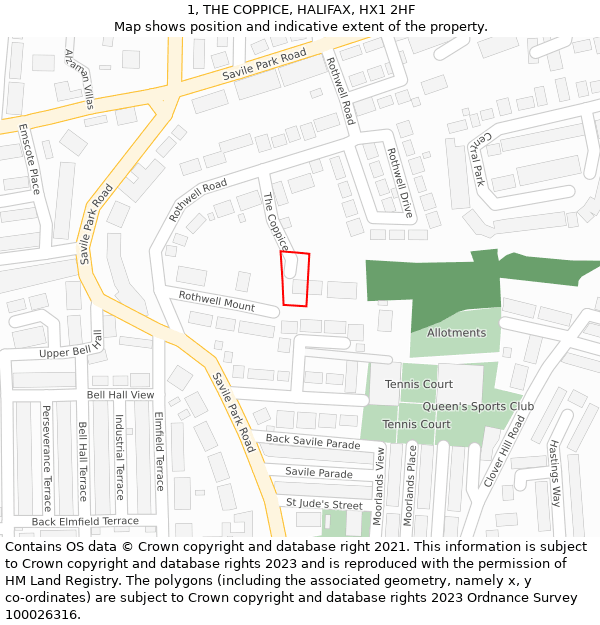 1, THE COPPICE, HALIFAX, HX1 2HF: Location map and indicative extent of plot