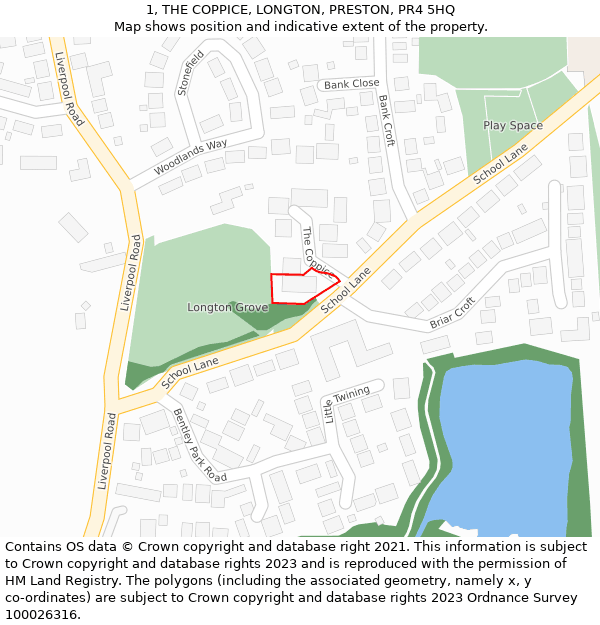 1, THE COPPICE, LONGTON, PRESTON, PR4 5HQ: Location map and indicative extent of plot