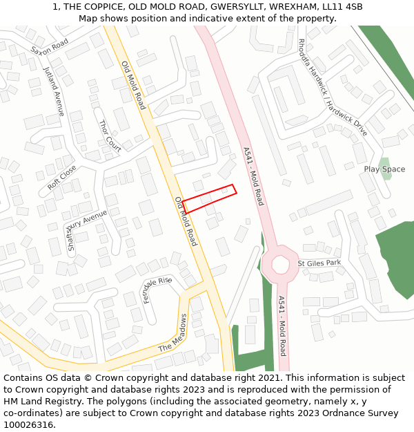 1, THE COPPICE, OLD MOLD ROAD, GWERSYLLT, WREXHAM, LL11 4SB: Location map and indicative extent of plot
