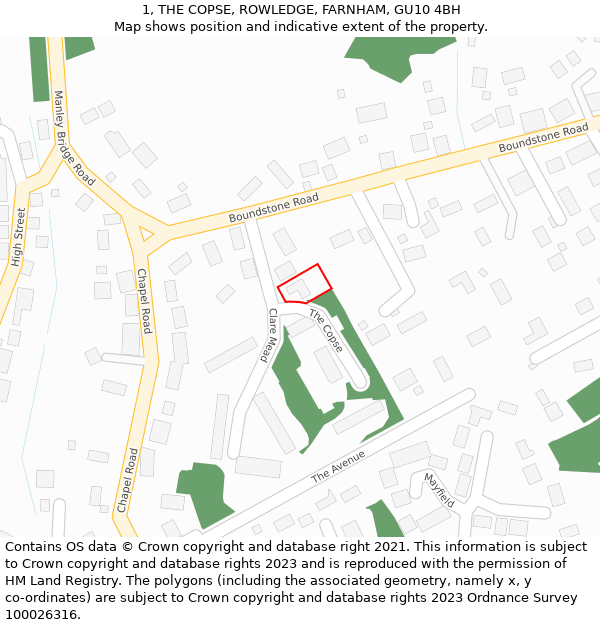 1, THE COPSE, ROWLEDGE, FARNHAM, GU10 4BH: Location map and indicative extent of plot