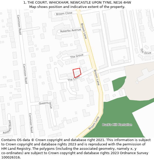 1, THE COURT, WHICKHAM, NEWCASTLE UPON TYNE, NE16 4HW: Location map and indicative extent of plot