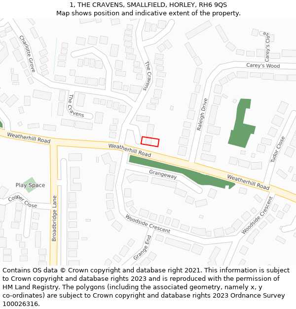 1, THE CRAVENS, SMALLFIELD, HORLEY, RH6 9QS: Location map and indicative extent of plot