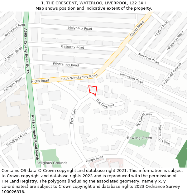 1, THE CRESCENT, WATERLOO, LIVERPOOL, L22 3XH: Location map and indicative extent of plot