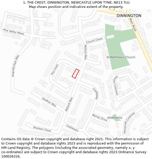 1, THE CREST, DINNINGTON, NEWCASTLE UPON TYNE, NE13 7LU: Location map and indicative extent of plot