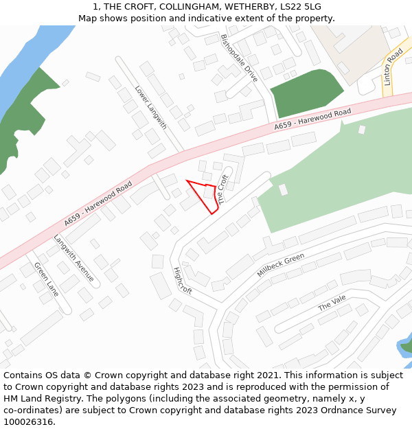 1, THE CROFT, COLLINGHAM, WETHERBY, LS22 5LG: Location map and indicative extent of plot