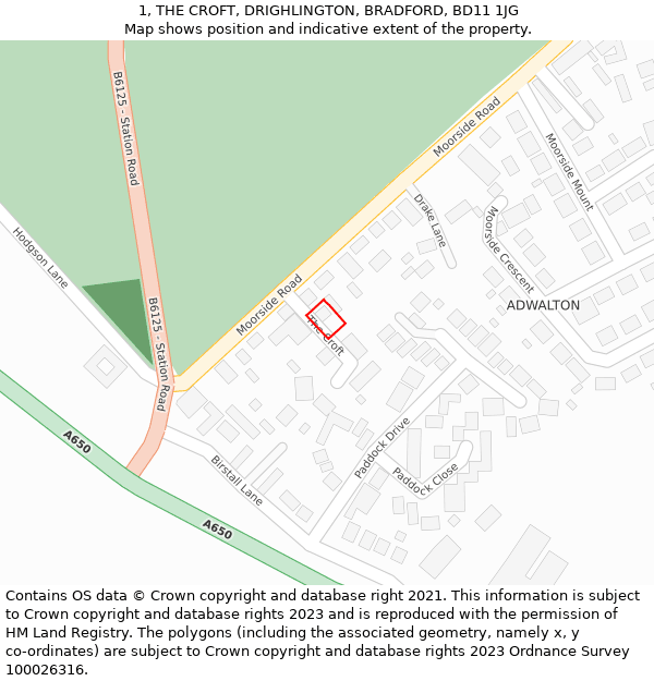 1, THE CROFT, DRIGHLINGTON, BRADFORD, BD11 1JG: Location map and indicative extent of plot