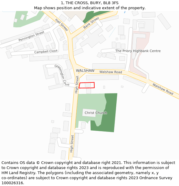 1, THE CROSS, BURY, BL8 3FS: Location map and indicative extent of plot