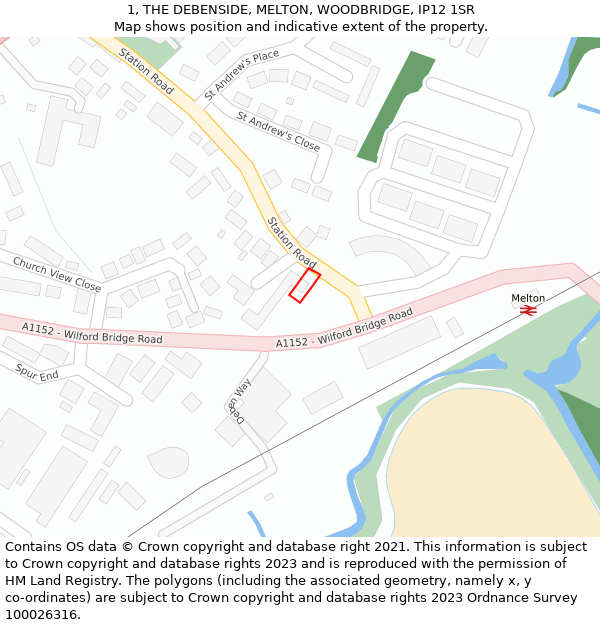 1, THE DEBENSIDE, MELTON, WOODBRIDGE, IP12 1SR: Location map and indicative extent of plot