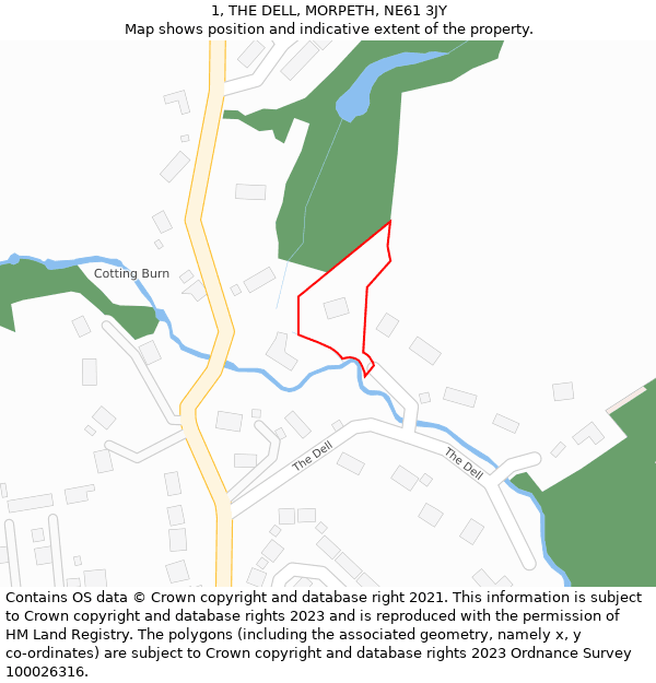 1, THE DELL, MORPETH, NE61 3JY: Location map and indicative extent of plot