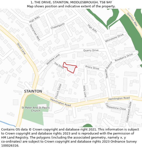 1, THE DRIVE, STAINTON, MIDDLESBROUGH, TS8 9AY: Location map and indicative extent of plot