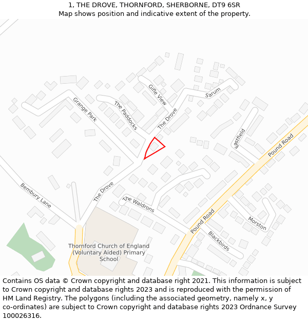 1, THE DROVE, THORNFORD, SHERBORNE, DT9 6SR: Location map and indicative extent of plot