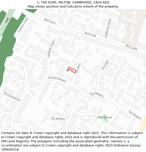 1, THE ELMS, MILTON, CAMBRIDGE, CB24 6ZQ: Location map and indicative extent of plot