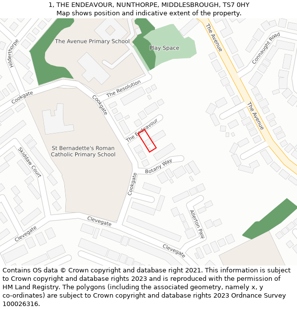 1, THE ENDEAVOUR, NUNTHORPE, MIDDLESBROUGH, TS7 0HY: Location map and indicative extent of plot