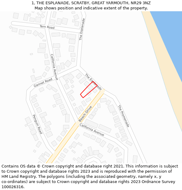 1, THE ESPLANADE, SCRATBY, GREAT YARMOUTH, NR29 3NZ: Location map and indicative extent of plot