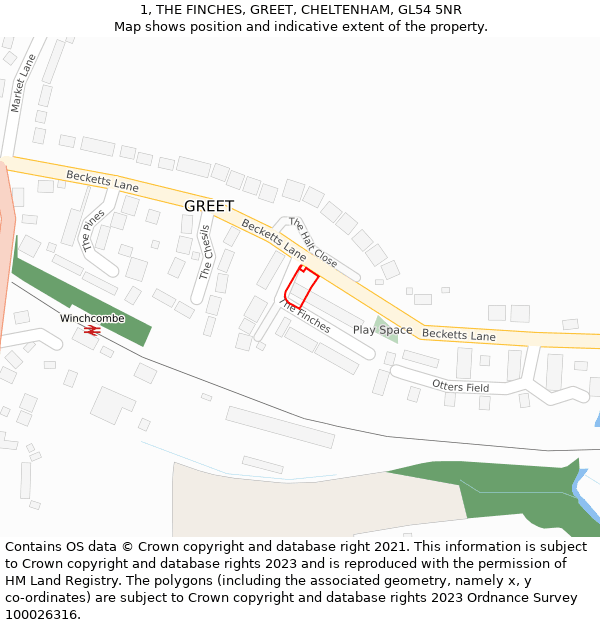 1, THE FINCHES, GREET, CHELTENHAM, GL54 5NR: Location map and indicative extent of plot