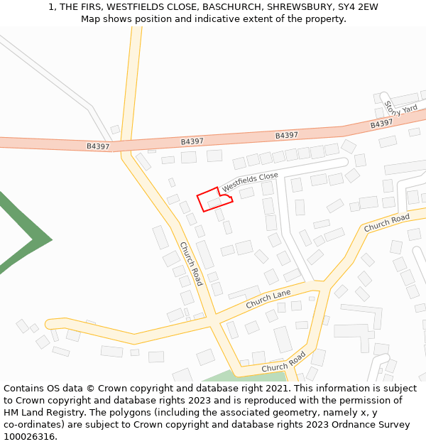 1, THE FIRS, WESTFIELDS CLOSE, BASCHURCH, SHREWSBURY, SY4 2EW: Location map and indicative extent of plot