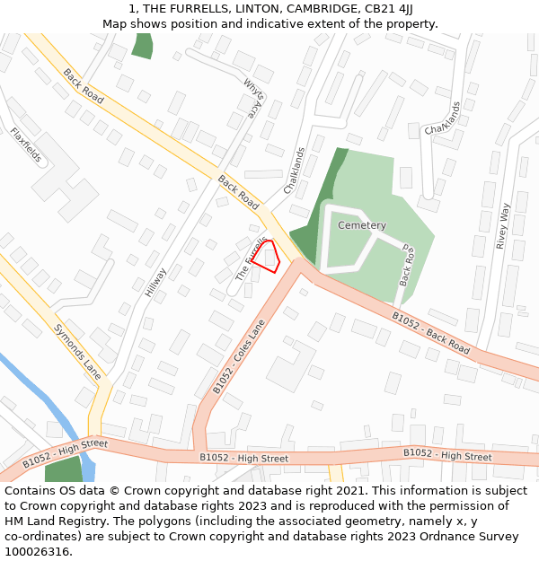 1, THE FURRELLS, LINTON, CAMBRIDGE, CB21 4JJ: Location map and indicative extent of plot