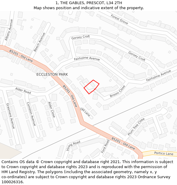 1, THE GABLES, PRESCOT, L34 2TH: Location map and indicative extent of plot