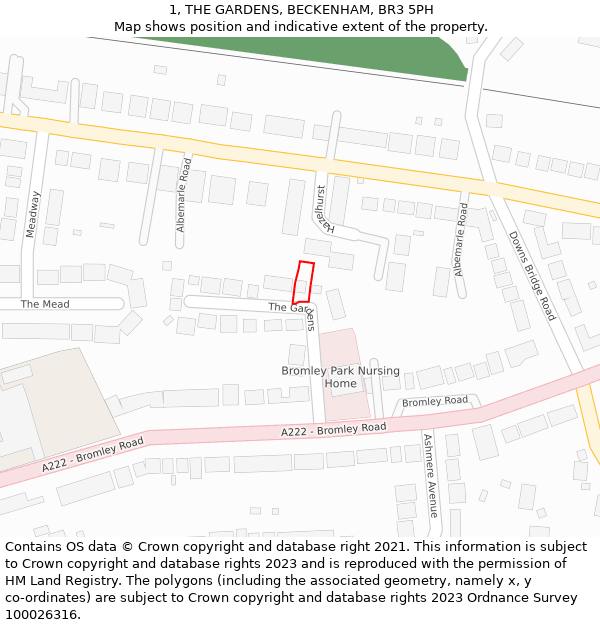 1, THE GARDENS, BECKENHAM, BR3 5PH: Location map and indicative extent of plot