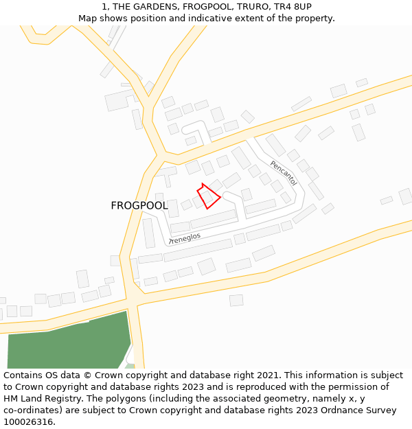 1, THE GARDENS, FROGPOOL, TRURO, TR4 8UP: Location map and indicative extent of plot