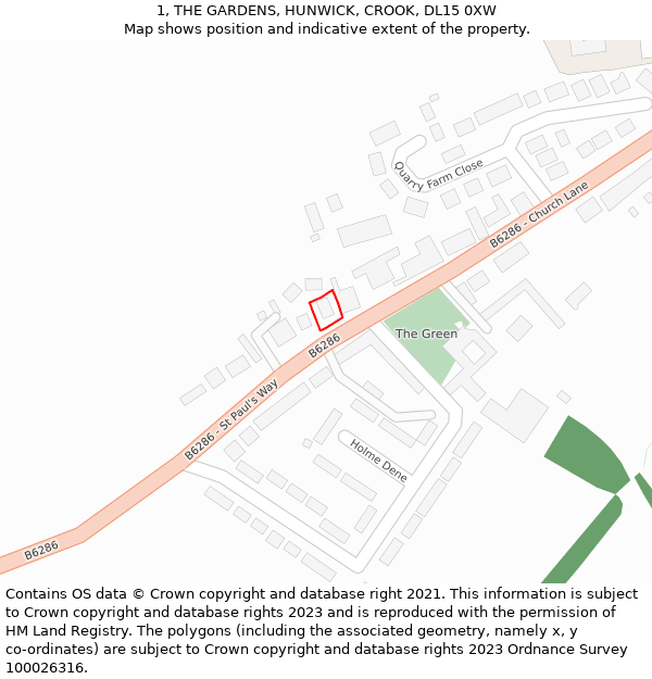 1, THE GARDENS, HUNWICK, CROOK, DL15 0XW: Location map and indicative extent of plot