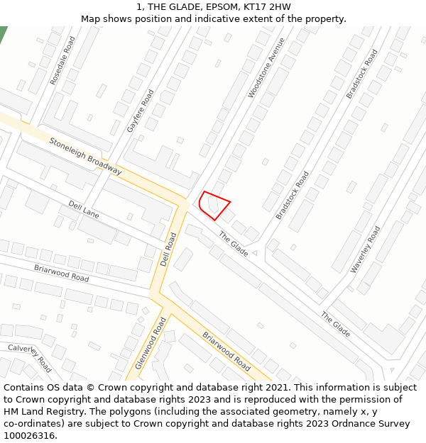 1, THE GLADE, EPSOM, KT17 2HW: Location map and indicative extent of plot