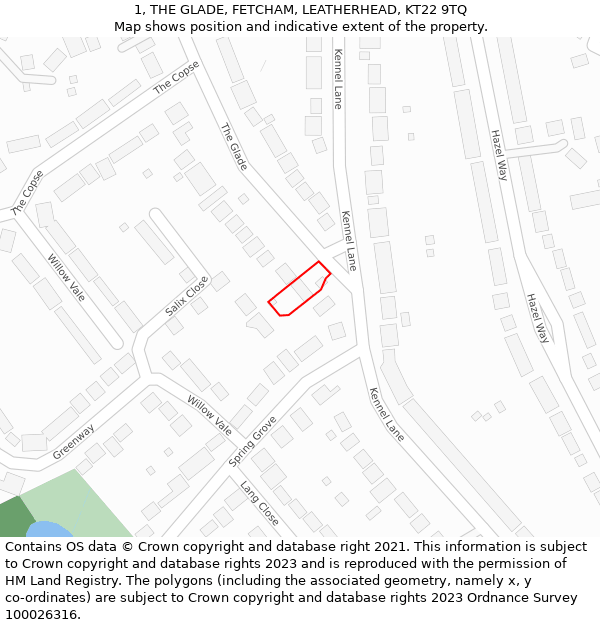 1, THE GLADE, FETCHAM, LEATHERHEAD, KT22 9TQ: Location map and indicative extent of plot