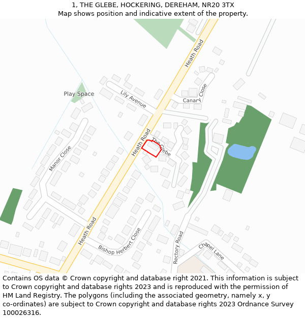 1, THE GLEBE, HOCKERING, DEREHAM, NR20 3TX: Location map and indicative extent of plot