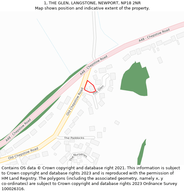 1, THE GLEN, LANGSTONE, NEWPORT, NP18 2NR: Location map and indicative extent of plot